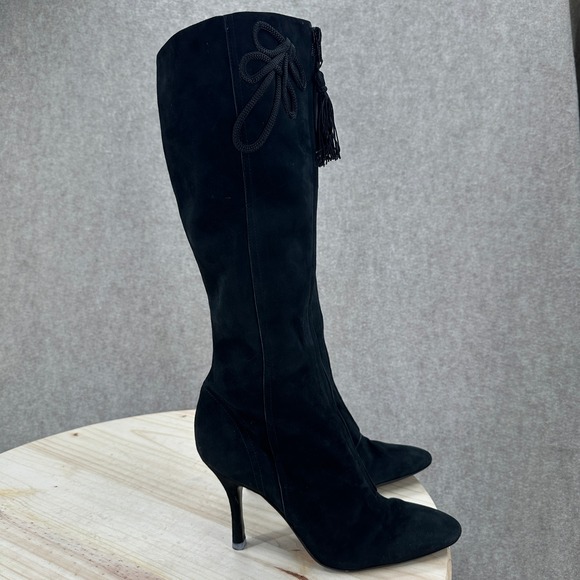 J Vincent Black Suede Stiletto Knee High Boots Decorative Tassel Bow Size 9M - Picture 8 of 16
